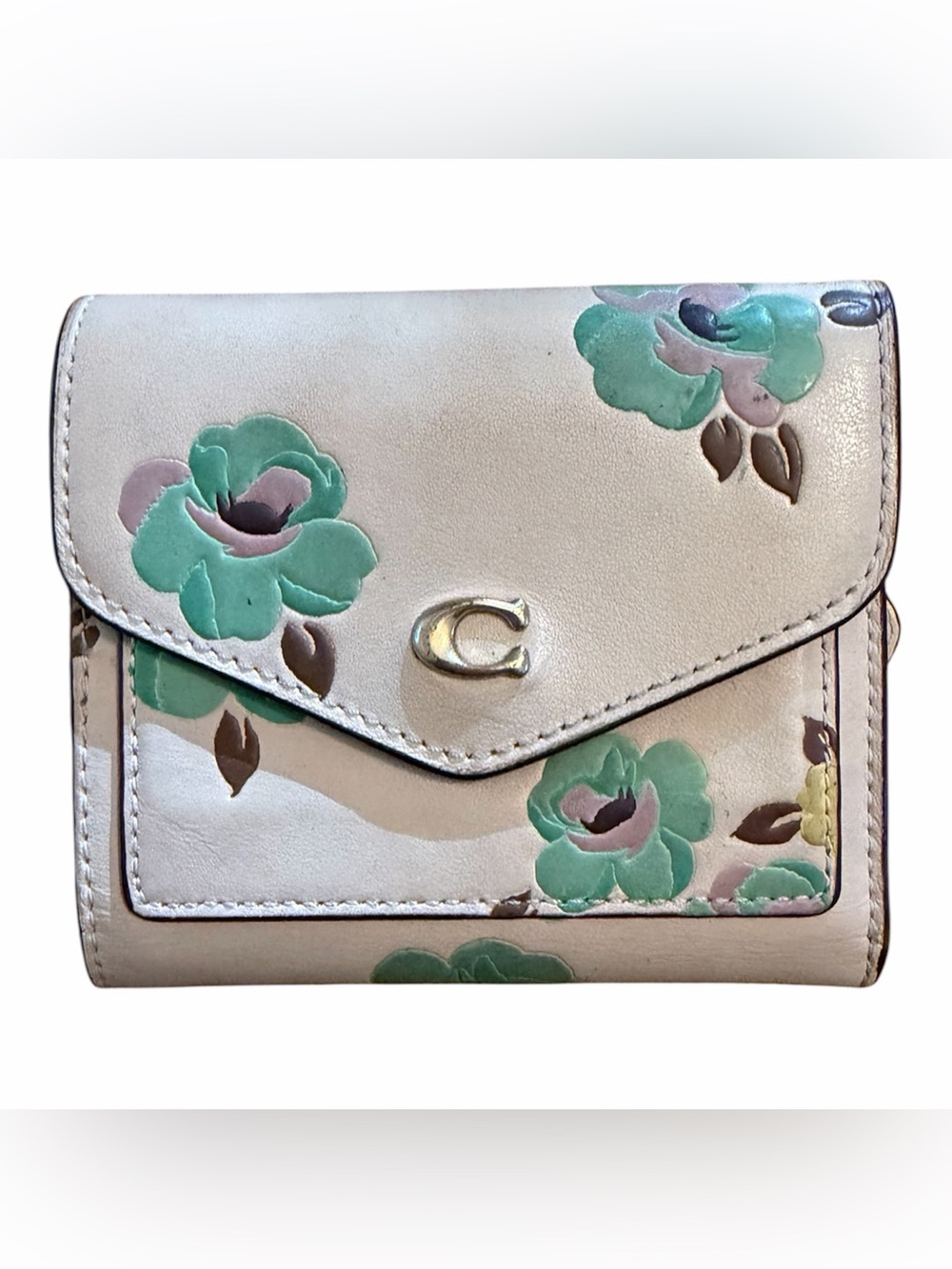 Coach Cream Leather Trifold Wallet with Mint Green Floral Print
